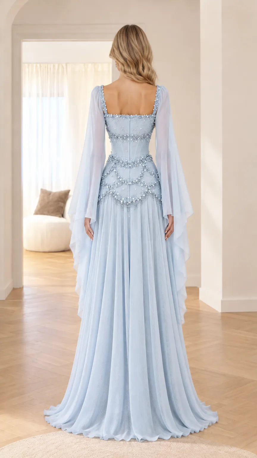 Embellished Corset Maxi Gown with Draped Wing Sleeves