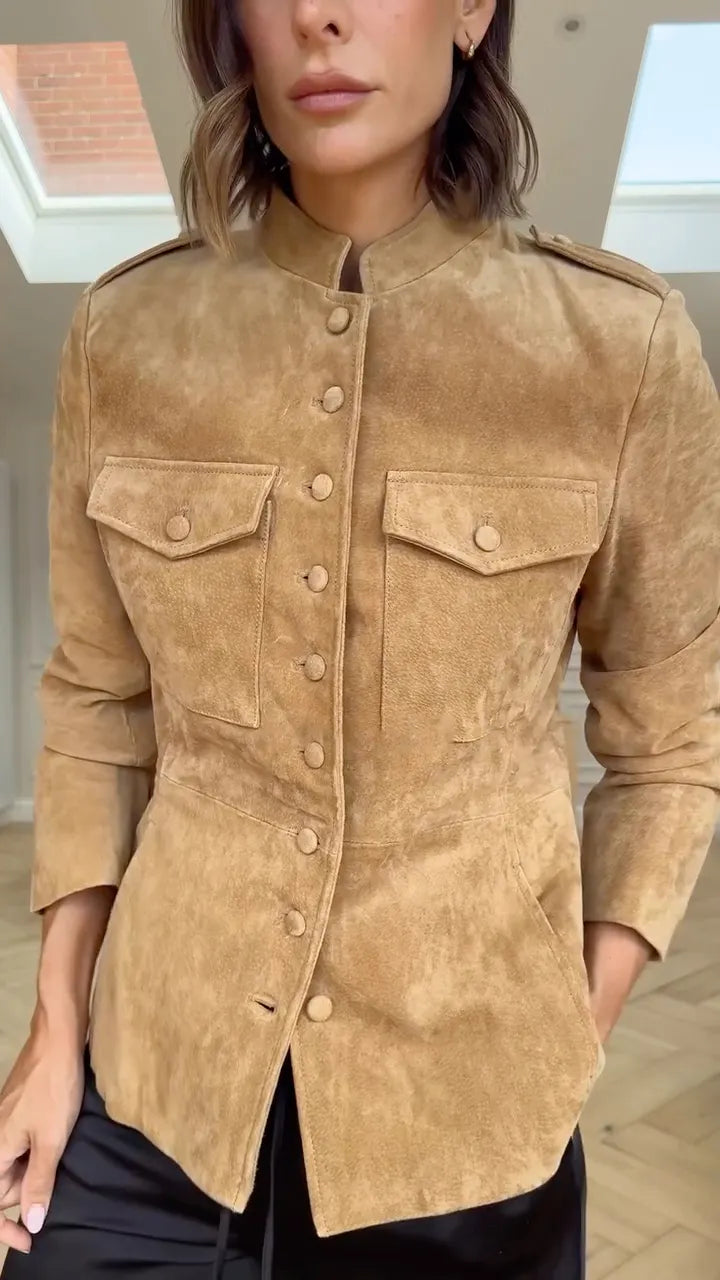 Camel Suede Fitted Military Jacket