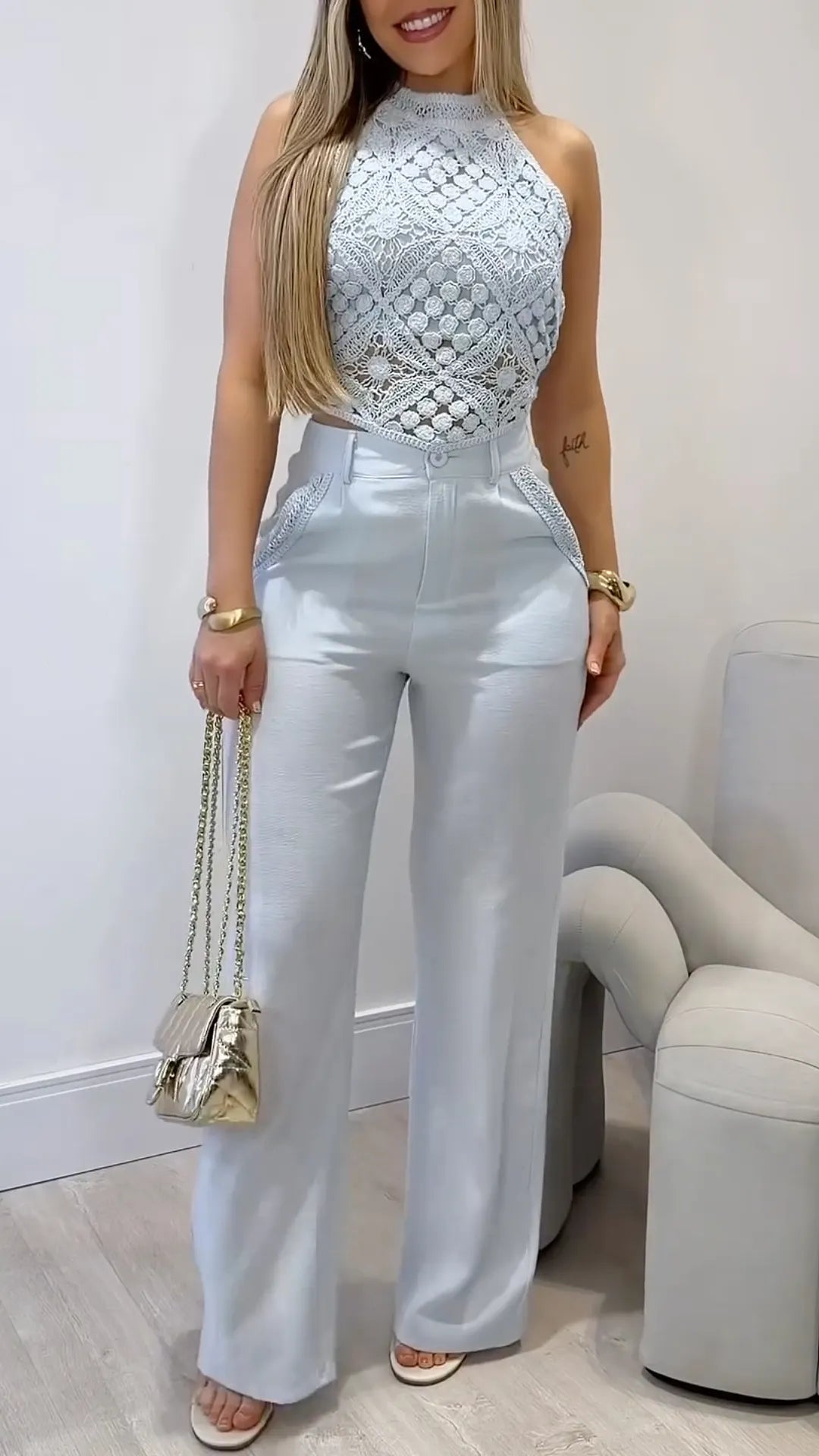 Lace Halter Top & Satin Wide-Leg Pants Set