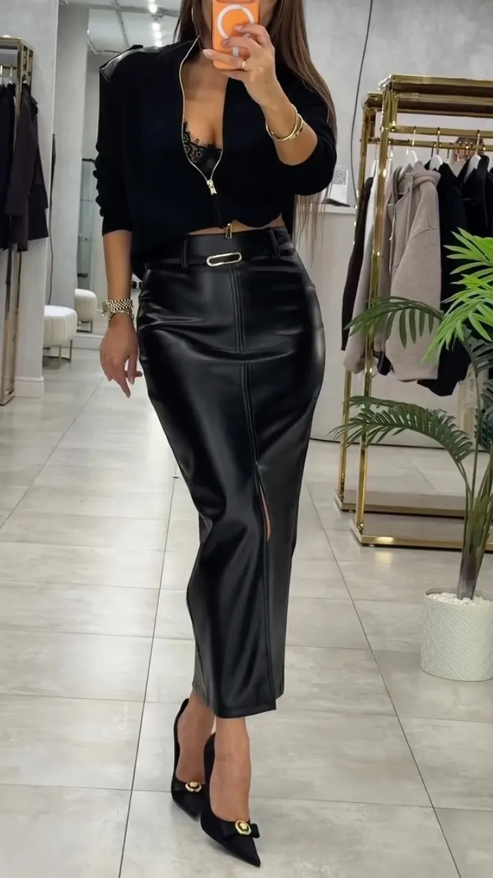 Half Zip Ribbed Knit Sweater And Green Leather Midi Skirt Outfit