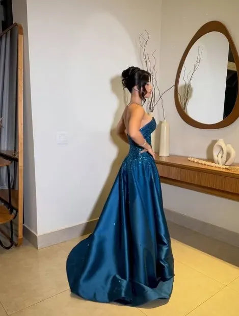 Cocoslly Strapless Sleeveless High Waist Long Prom Dress With Sequins | Royal Blue Satin LR0331