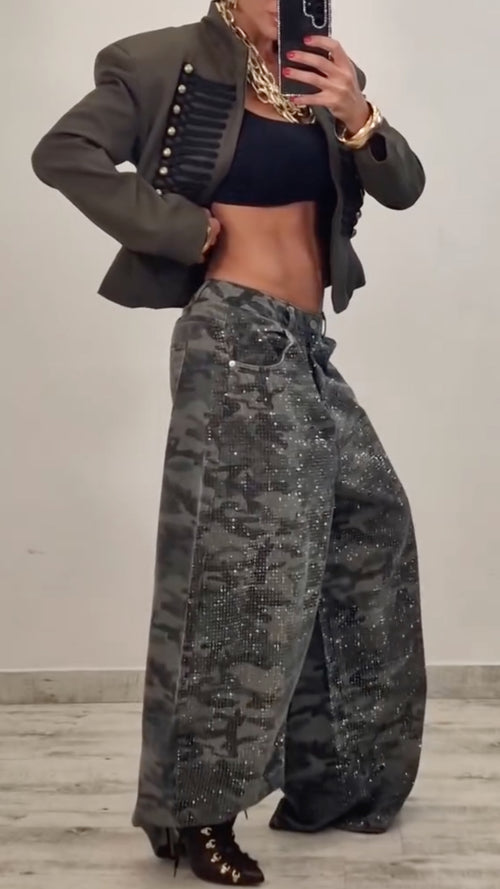 Embellished Camouflage Barrel-Leg Pants