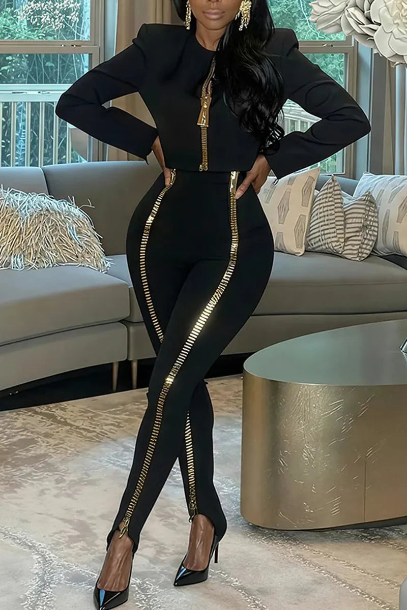 Gold-Zip Cropped Top & Stirrup Pants Set