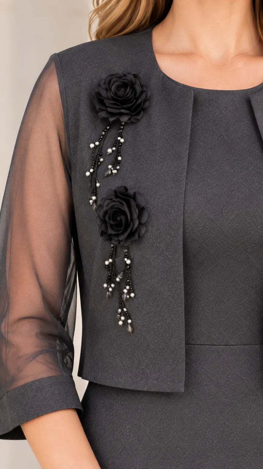 Floral Applique Two-Piece Maxi Dress Set with Sheer Sleeve Bolero Jacket