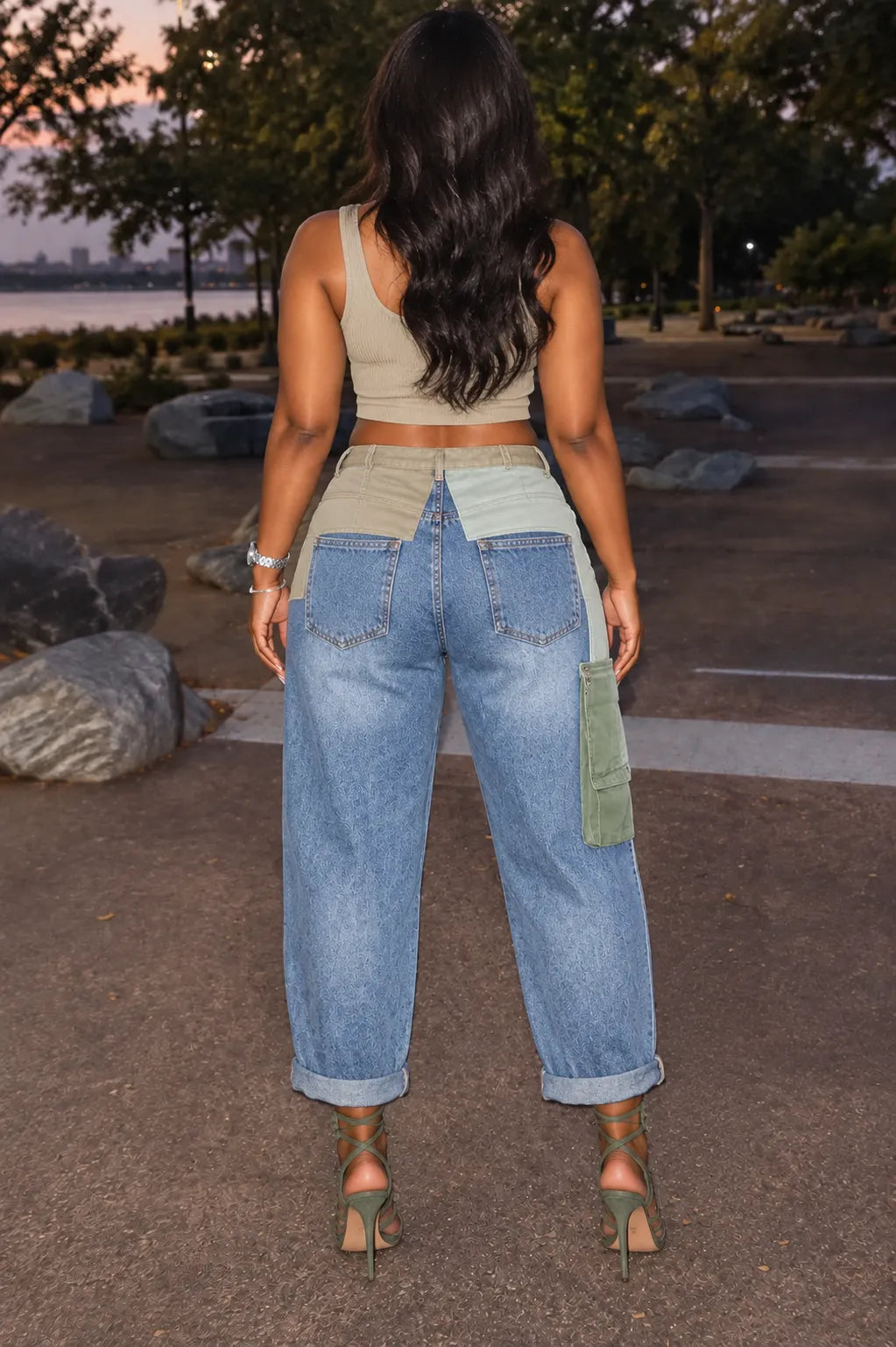 Colorblock Cargo Barrel-Leg Jeans