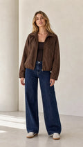 Women's Faux Suede Cropped Jacket - Zip-Up Collared Lightweight Jacket