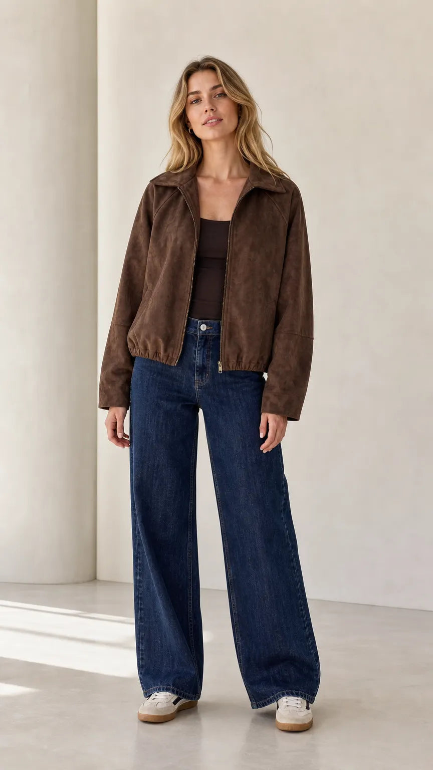 Women's Faux Suede Cropped Jacket - Zip-Up Collared Lightweight Jacket