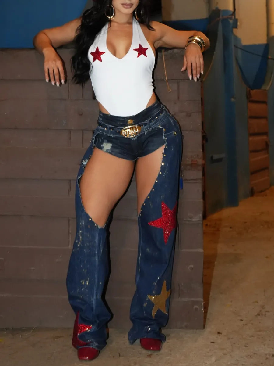 Denim Cutout Star Rhinestone Flare Pants
