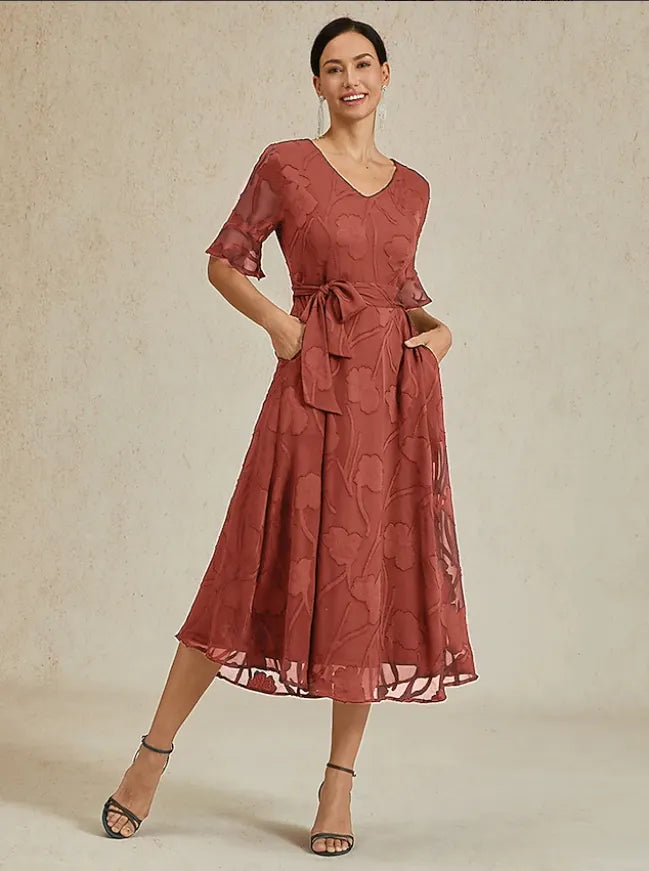 Sheer Sleeve V-Neck Floral Dress