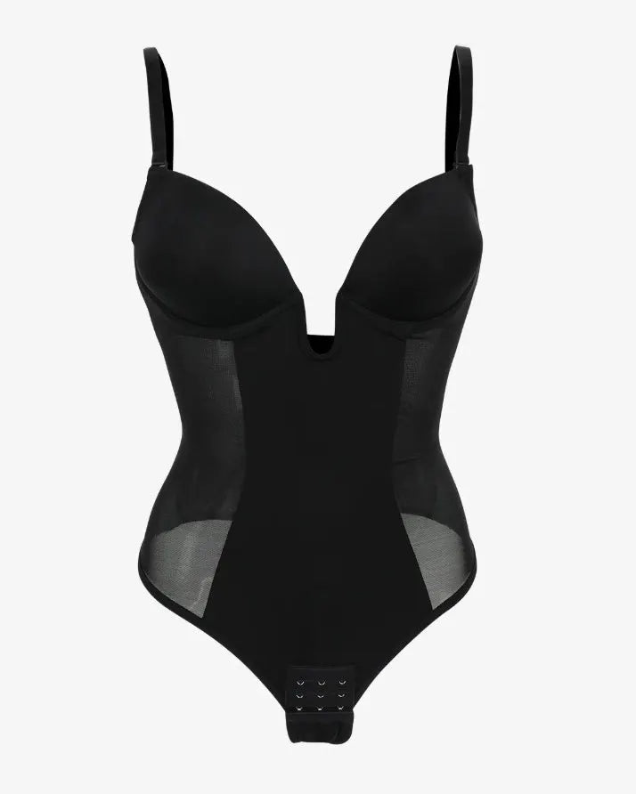 Sexy Plunge Neck Backless Mesh Panel Shapewear Thong Bodysuit