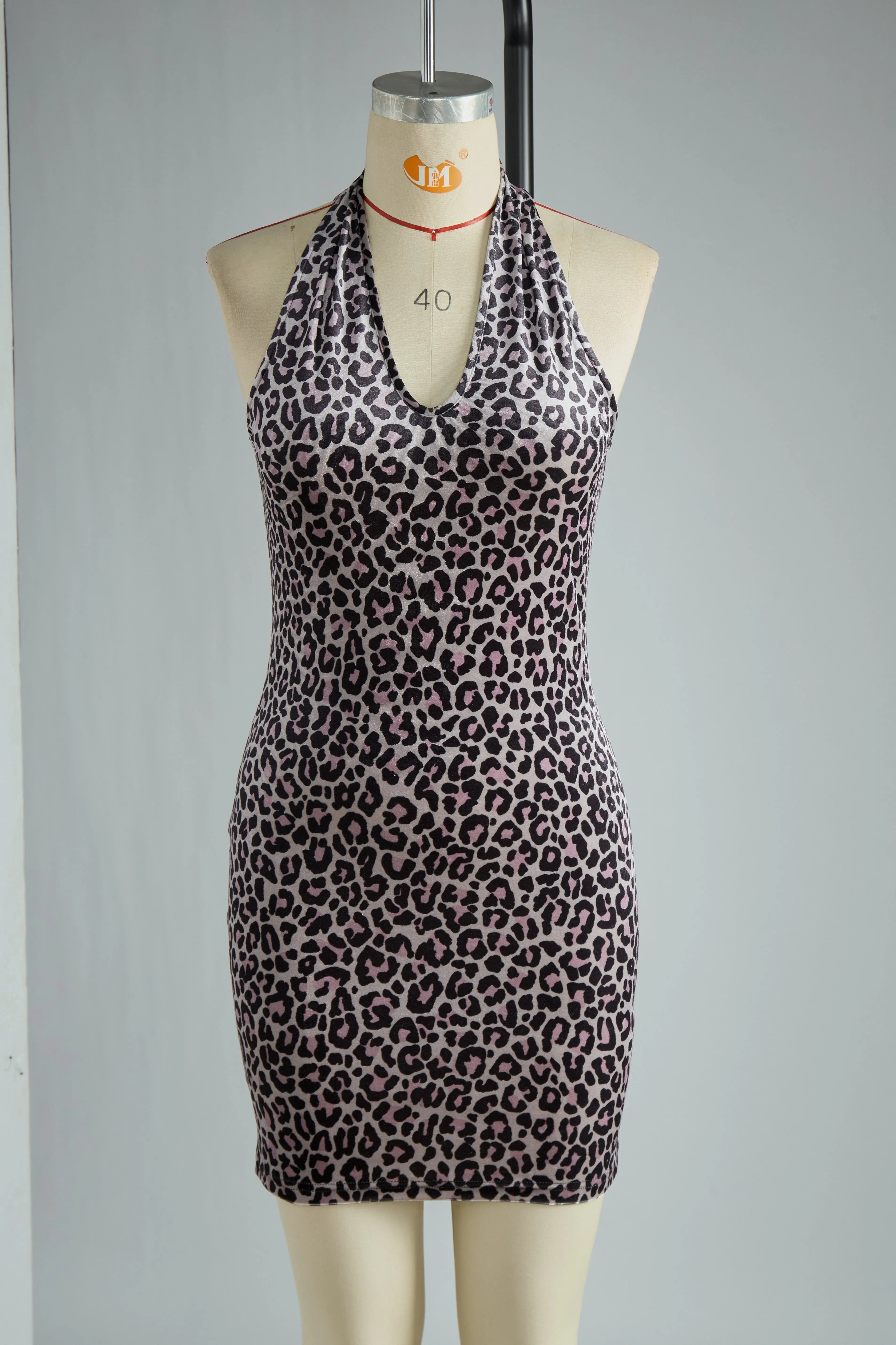 Elegant And Sexy Purple Leopard Print Halter Velvet Mini Dress