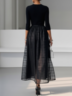Black Organza Knit Crew Neck Half Sleeve A-Line Midi Dress