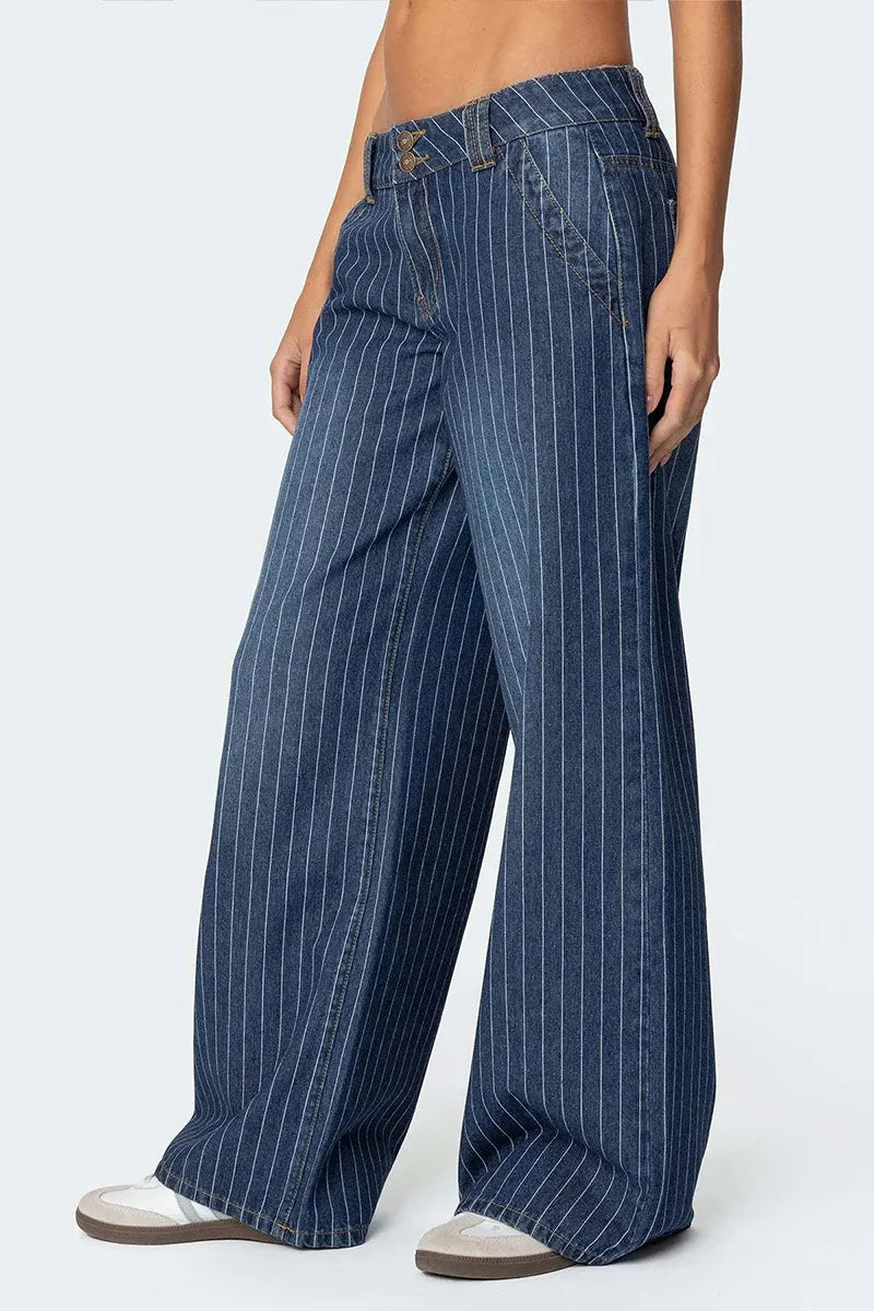 Women's Blue Washed Straight Jeans With Vertical Stripes