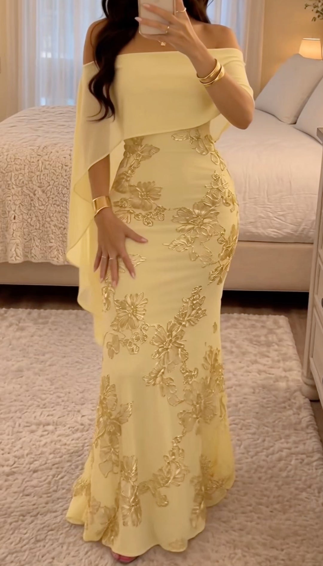 Floral Embroidered Cape Maxi Dress