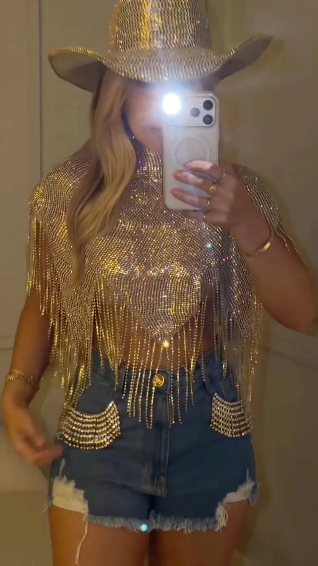 Gold Rhinestone Fringe Top & Ripped Denim Shorts Two‑Piece Set