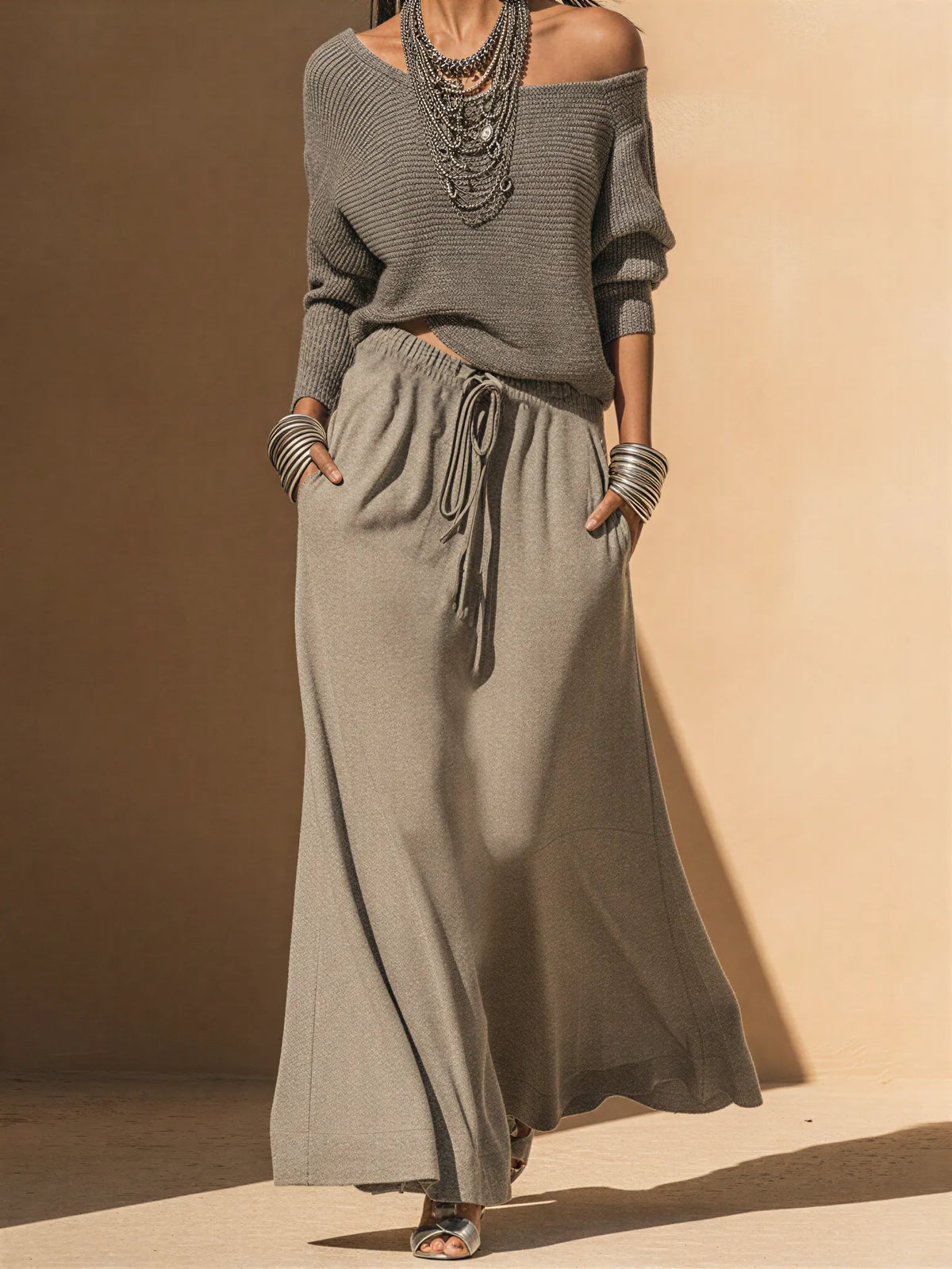 Women's Ash Grey Soft Jersey Co-Ord With Slouchy Cold Shoulder Knit Top & Side Pocket Flowy Maxi Skirt, Contemporary Versatile Daily Two-Piece Set MDZ2239F4LYL