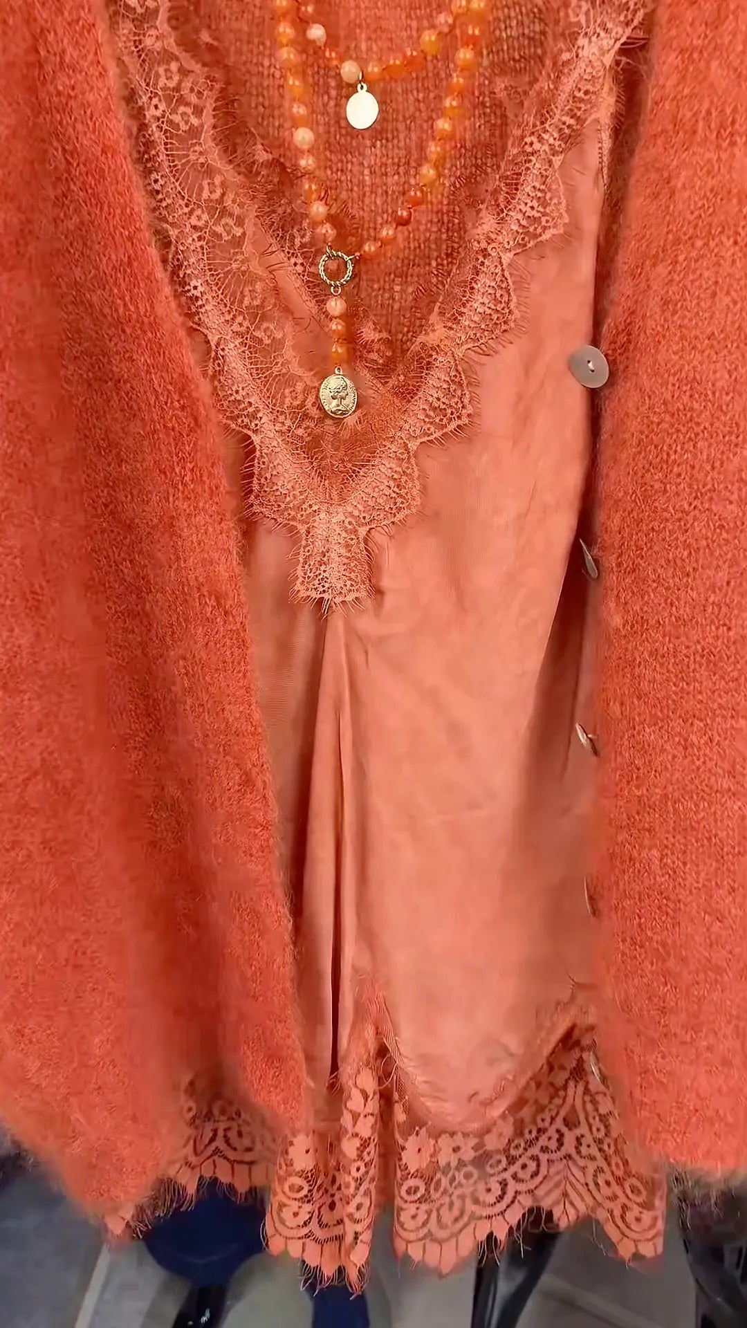 Coral Fuzzy Cardigan & Lace-Trim Longline Tank Set