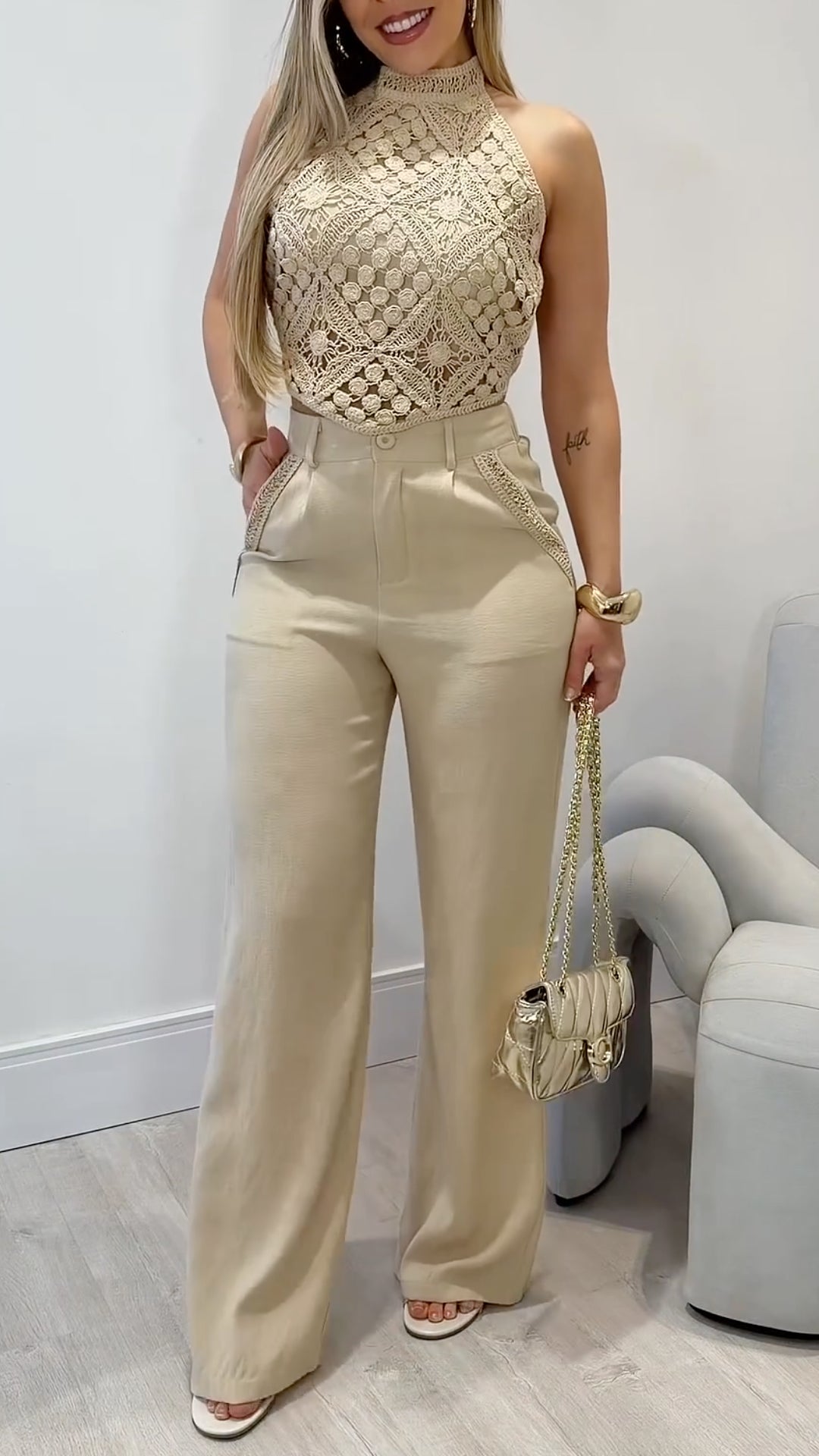 Lace Halter Top & Satin Wide-Leg Pants Set