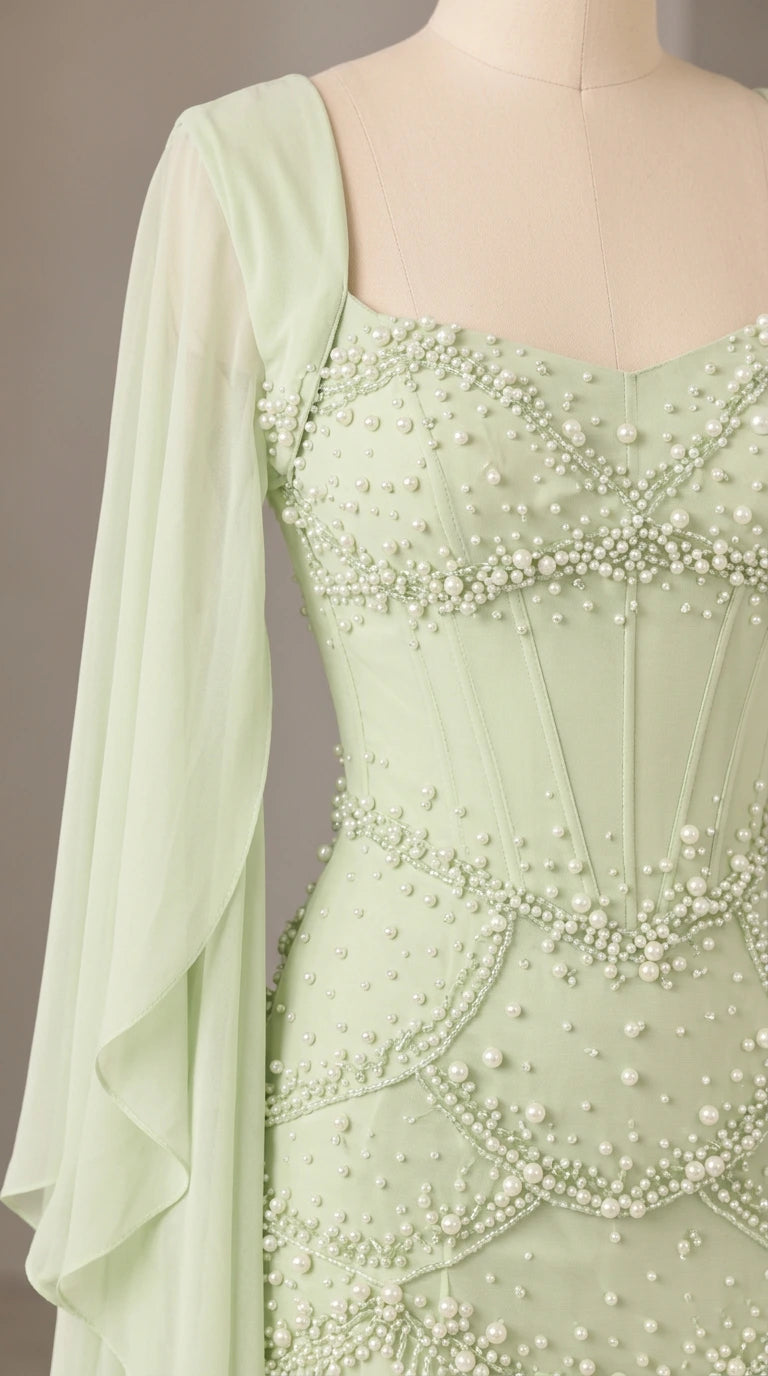 Embellished Pearl Bodice Cape Sleeve Evening Gown