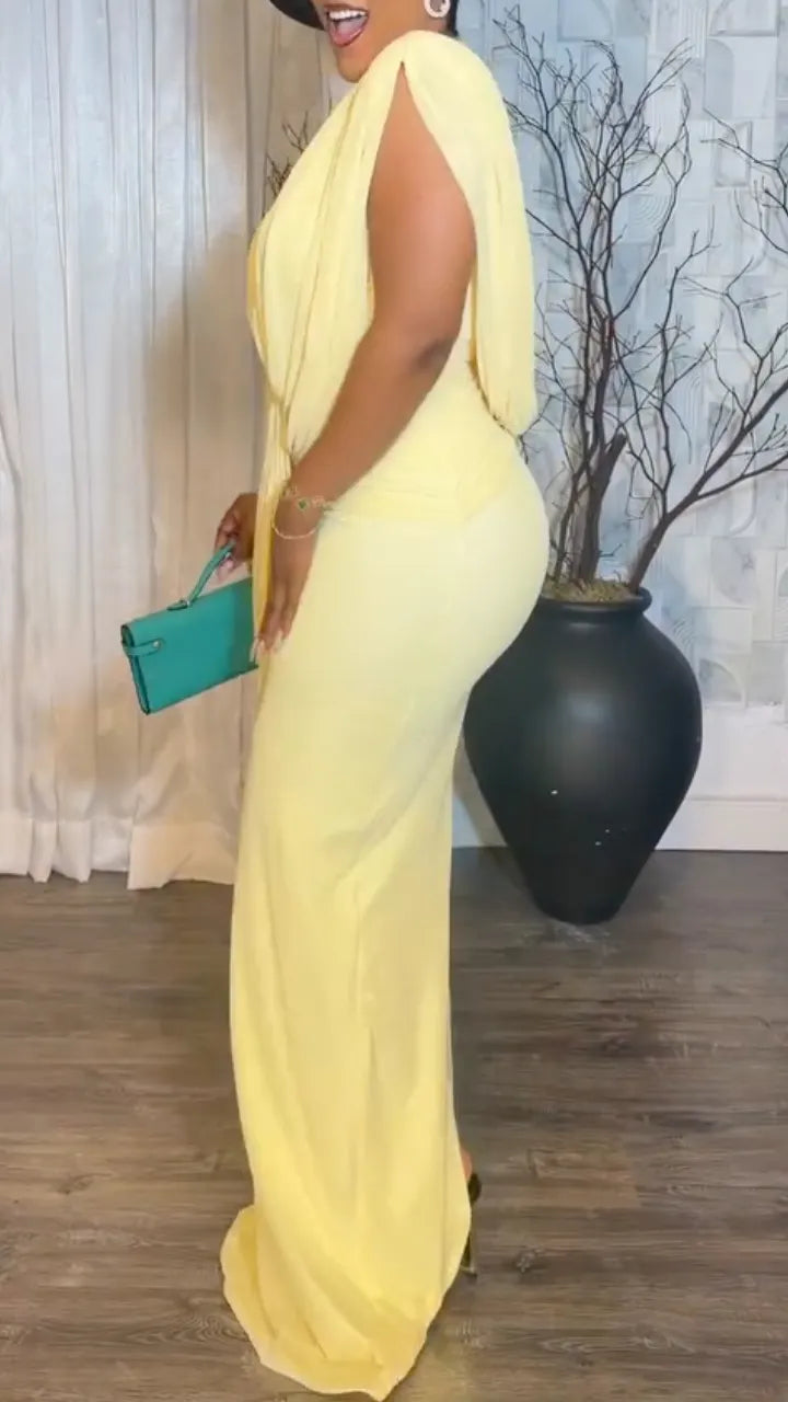 Yellow Draped V-Neck Sleeveless Maxi Evening Dress