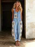 Crochet Granny Square Patchwork Denim Overalls