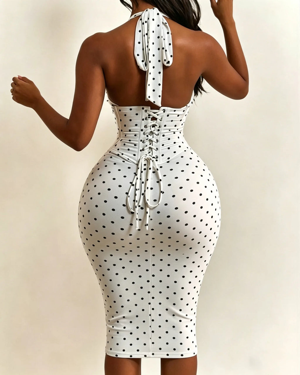 Polka Dot Hourgalss Corset Halter Midi Dress with Lace-Up Back Two-Piece Set