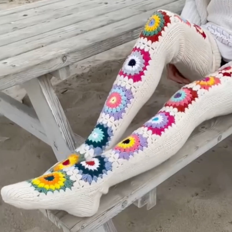 Hand Crochet Colorful Floral Knee High Socks
