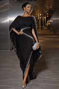 Black Rhinestone Embellished Cape Sleeve High Slit Maxi Evening Dress