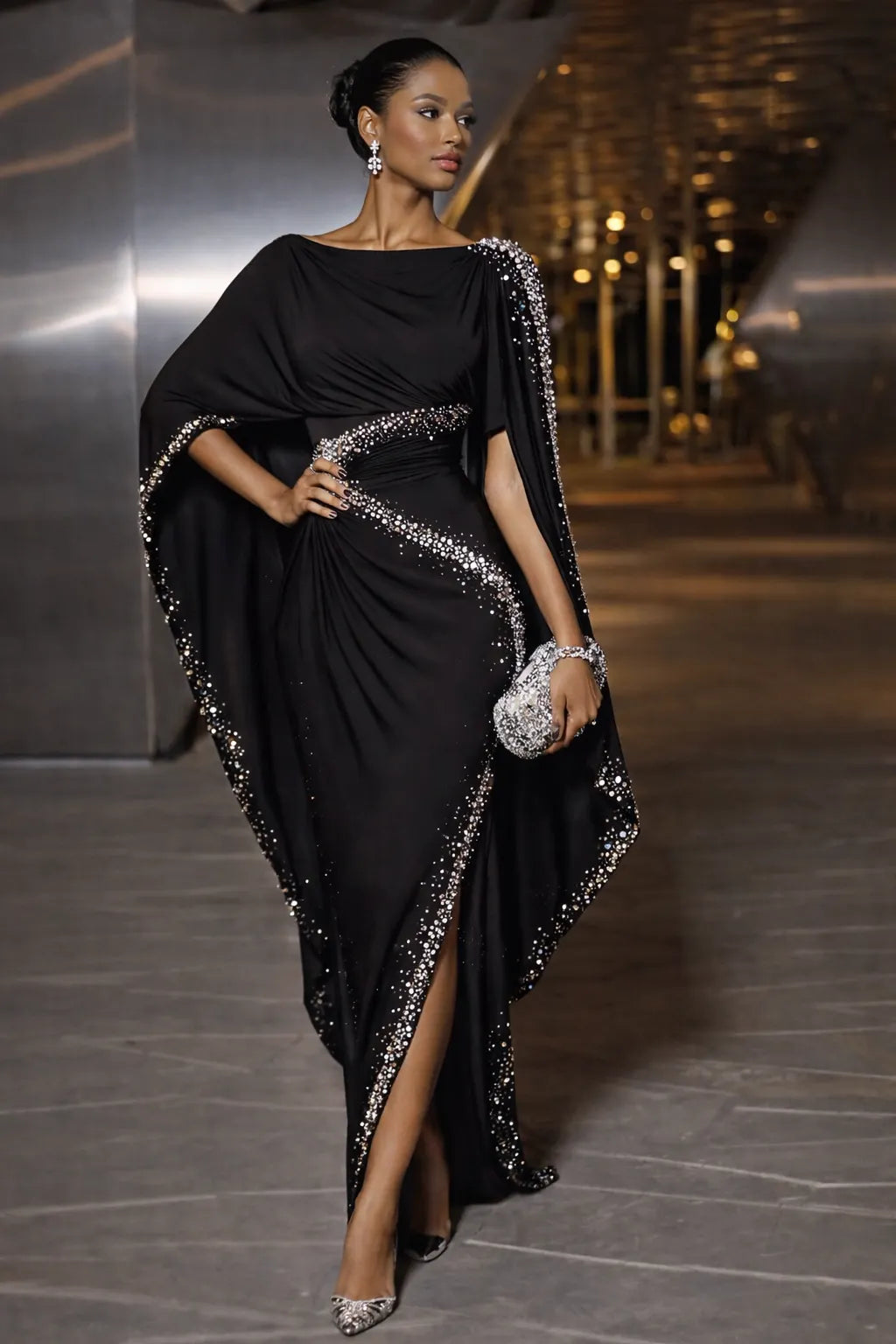 Black Rhinestone Embellished Cape Sleeve High Slit Maxi Evening Dress