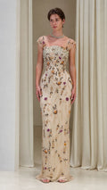 Floral Beaded Cap-Sleeve Column Evening Gown