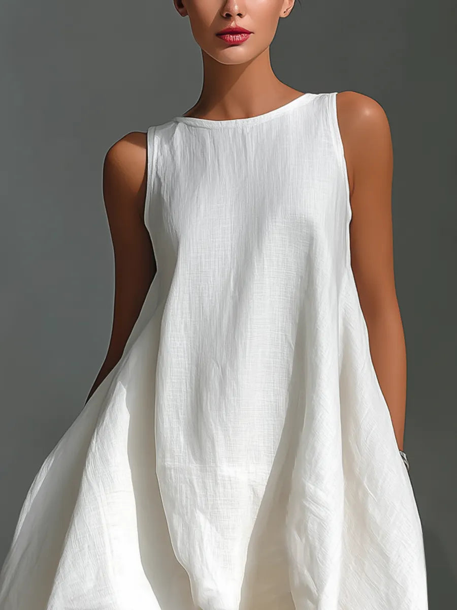 Women's White Linen Fabric Sleeveless Midi Dress With Round Neck