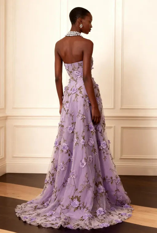Cocoslly Strapless Sleeveless High Waist Long Prom Dress With Embroidered And Sequins | Lilac Chiffon CO0148