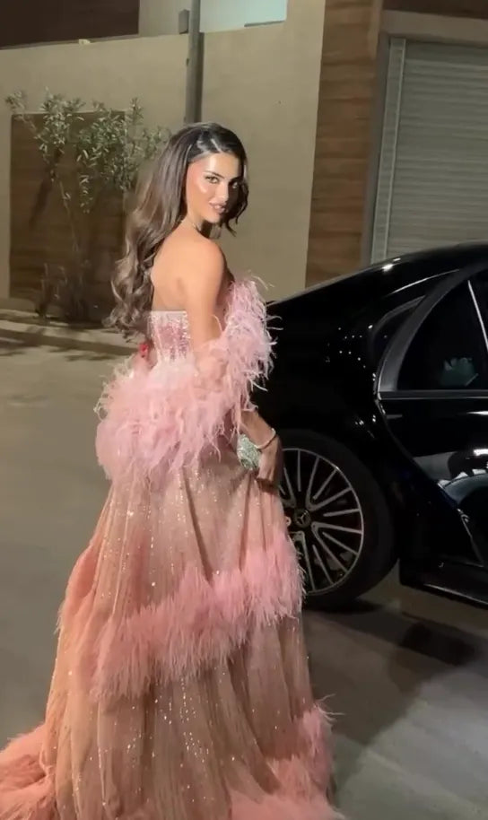 Cocoslly Strapless Sleeveless Long A-Line High Waist Prom Dress With Sequins Beadings And Feathers | Dusty Pink Tulle CO0004