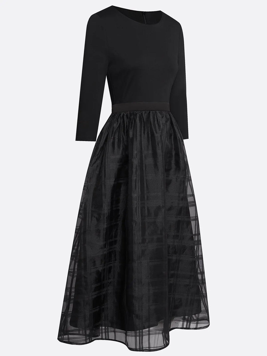 Black Organza Knit Crew Neck Half Sleeve A-Line Midi Dress