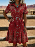 Western Paisley Floral Print Lapel Pocket Casual Dress