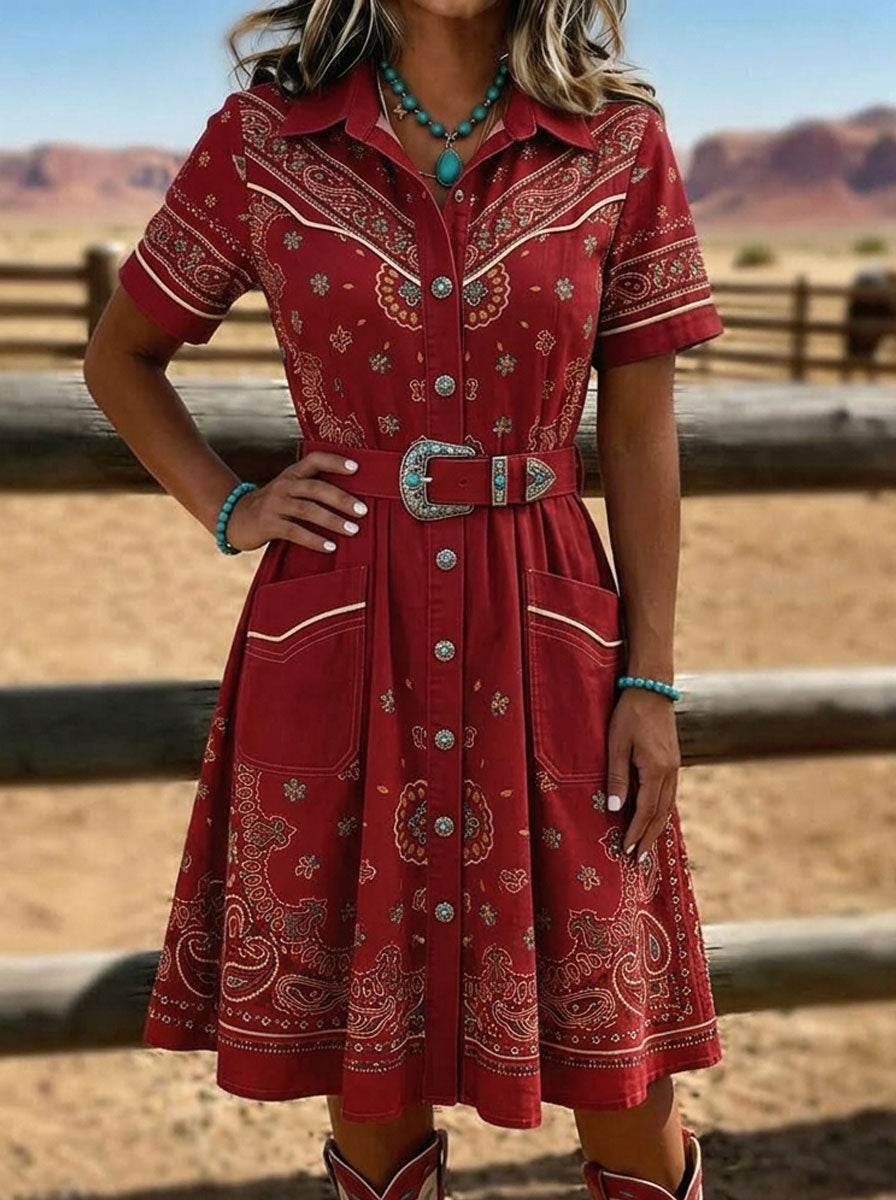Western Paisley Floral Print Lapel Pocket Casual Dress