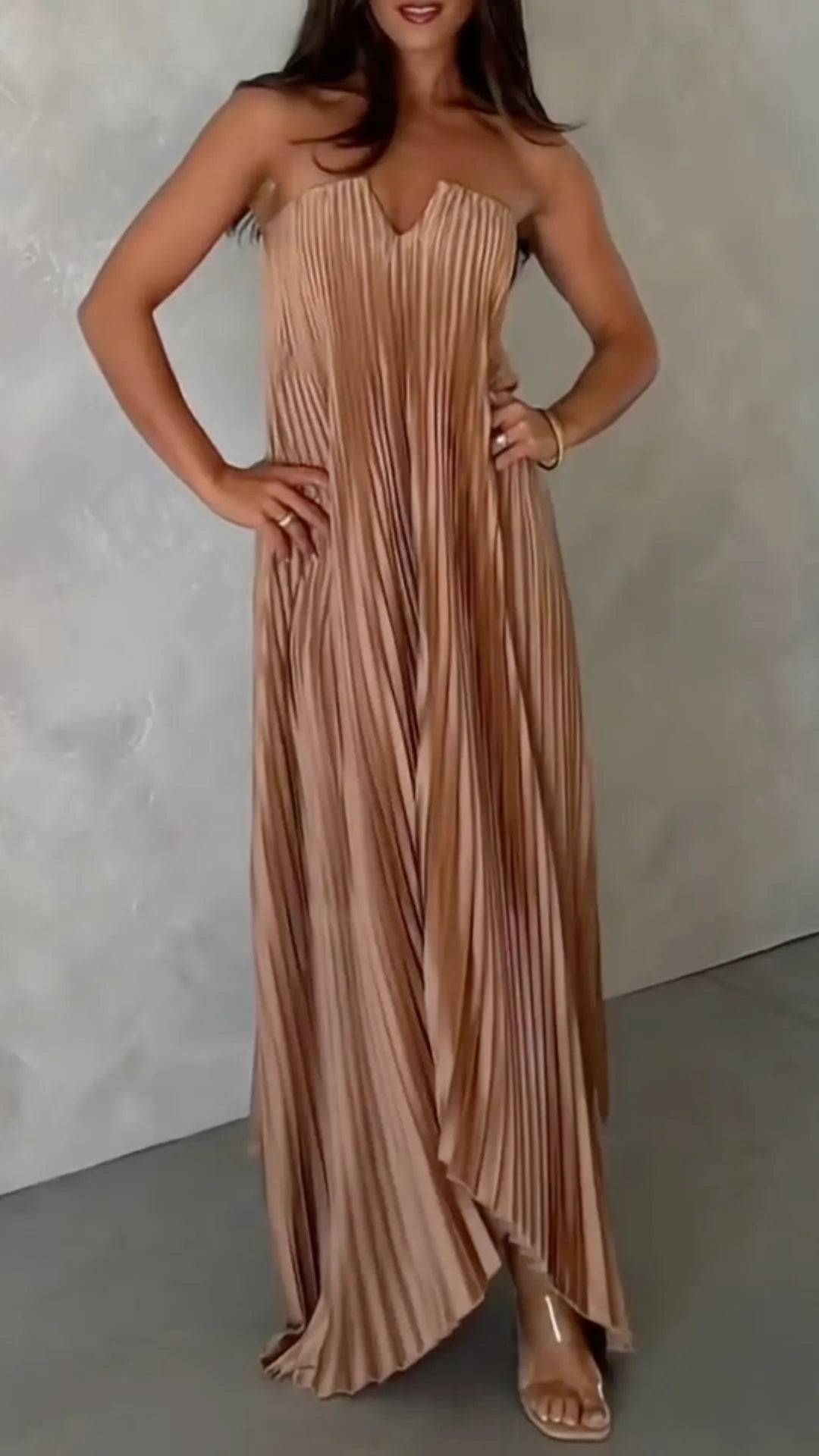 Strapless Pleated Satin Maxi Dress
