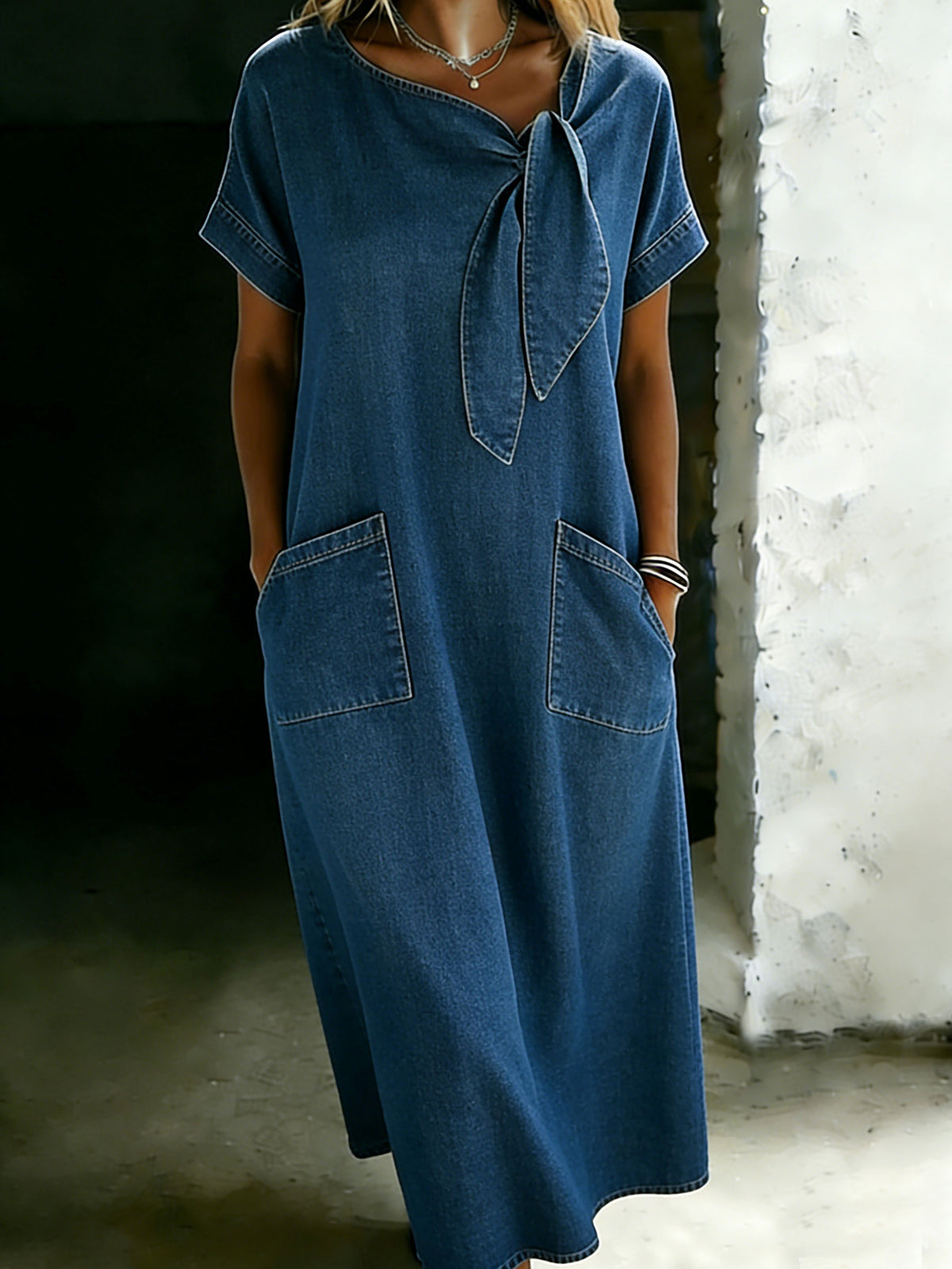 Women's Solid Color Loose Denim Pocket Dress