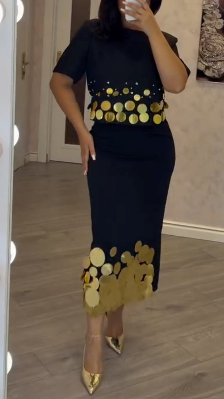 Black Gold-Disc Top and Midi Skirt Set