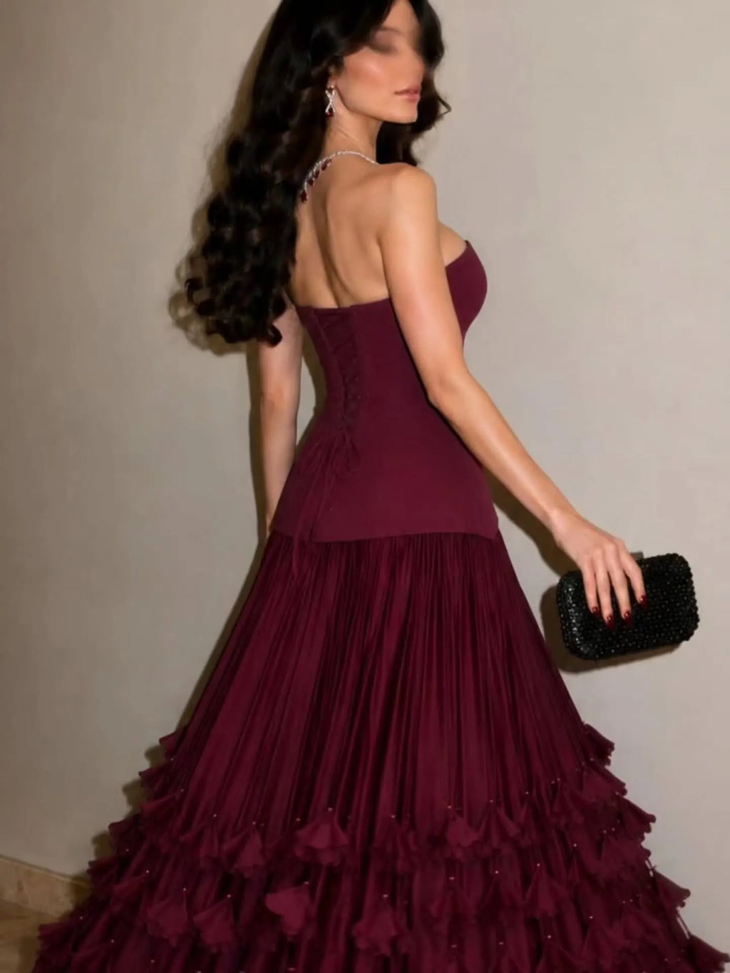 Cocoslly Strapless Sleeveless High Waist Long Prom Dress With Ruffles | Burgundy Satin WT0132