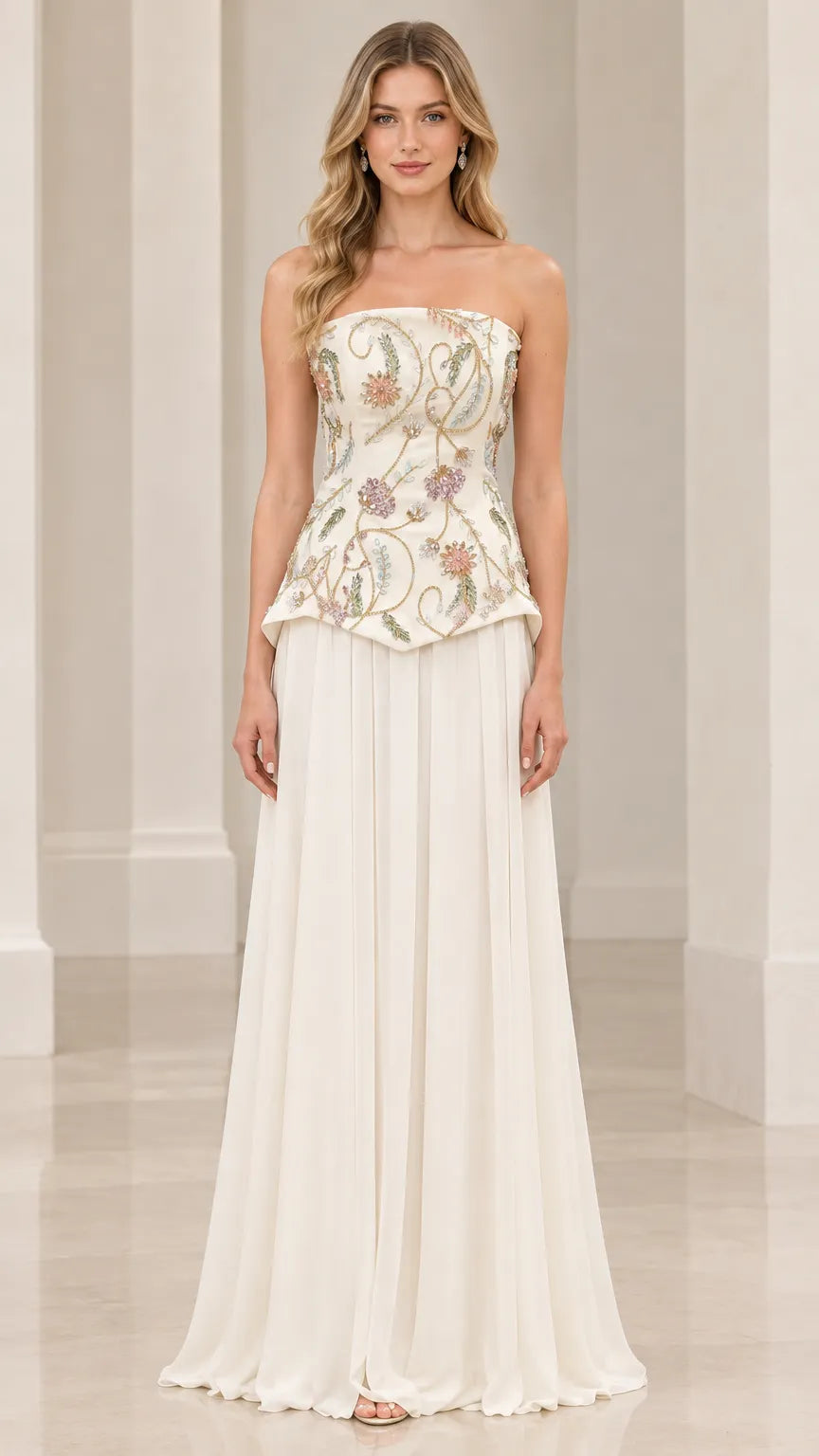 Strapless Floral Embroidered Basque Corset Maxi Evening Gown