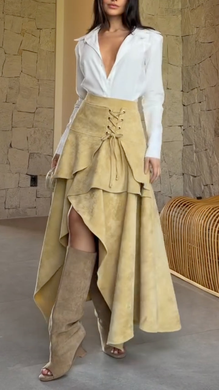 Collared Blouse & Lace-Up Asymmetric Skirt Set