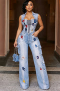 Denim Turndown Collar Top Wide Leg Pants Casual 2pcs Set-Blue