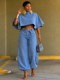 Denim Cape Crop Top &  Denim Pants Two‑Piece Set