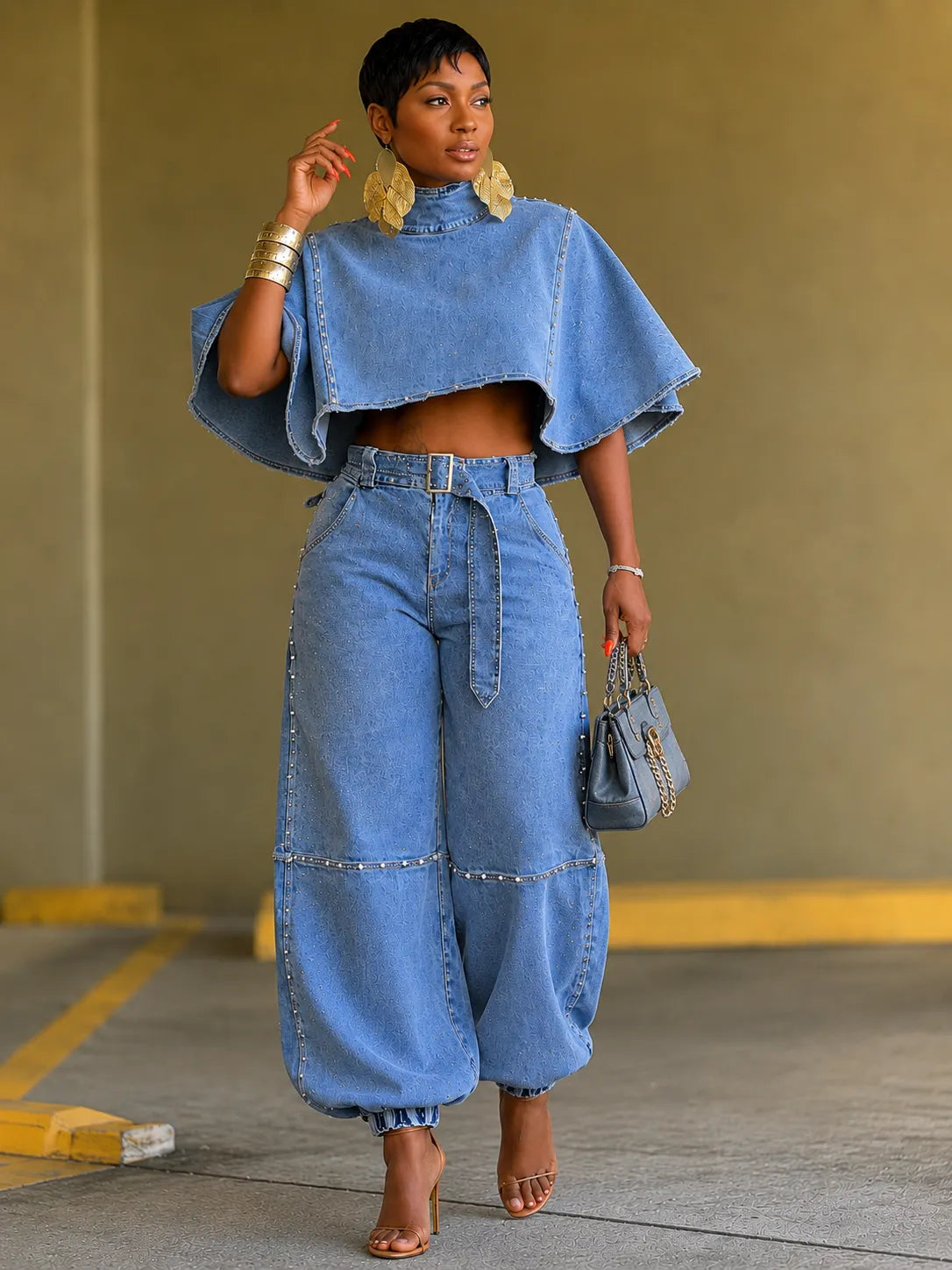 Denim Cape Crop Top &  Denim Pants Two‑Piece Set
