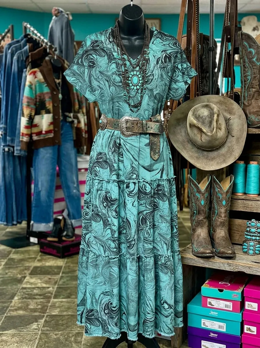 Western Bohemian Floral Print Casual V-neck Dress