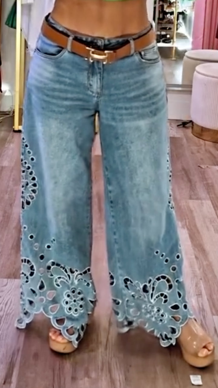 Eyelet Floral Wide Leg Jeans