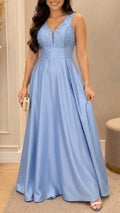 Light Blue Beaded Satin Prom Gown