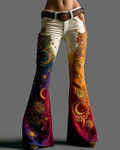 Women's star and moon embroidered tie-dye gradient flared pants 2574