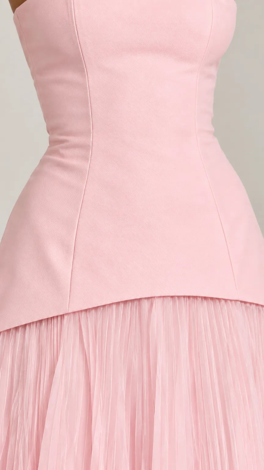 Strapless Corset Drop-Waist Evening Gown with Tiered Tulle Ruffle Skirt